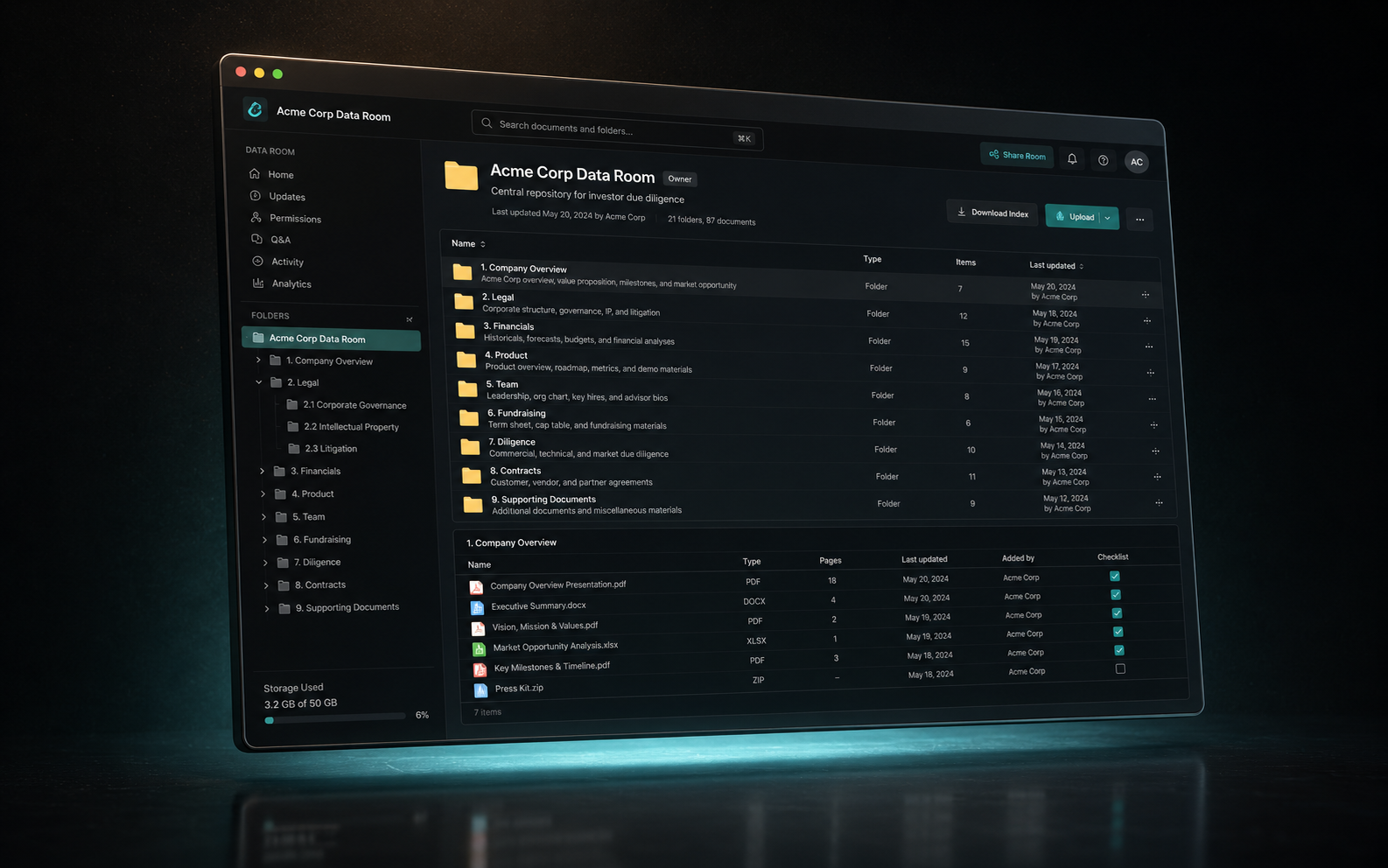 Investor data room portal — folder navigation and document viewer on a custom domain