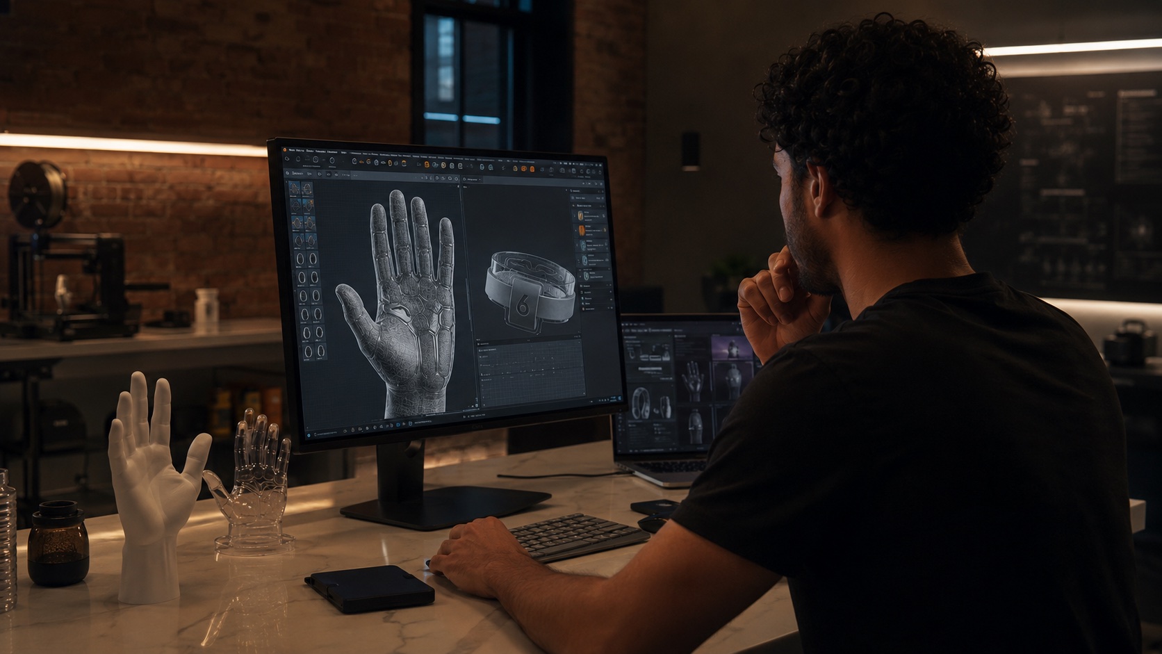 Engineer designing the glove around a 3D hand model