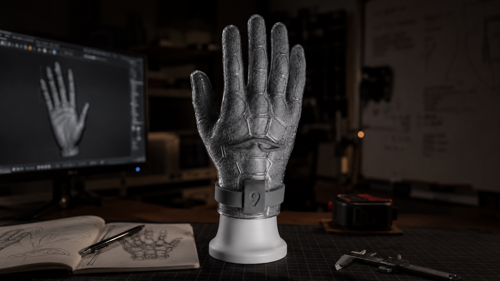 The ARMA glove formed on a printed model of the hand