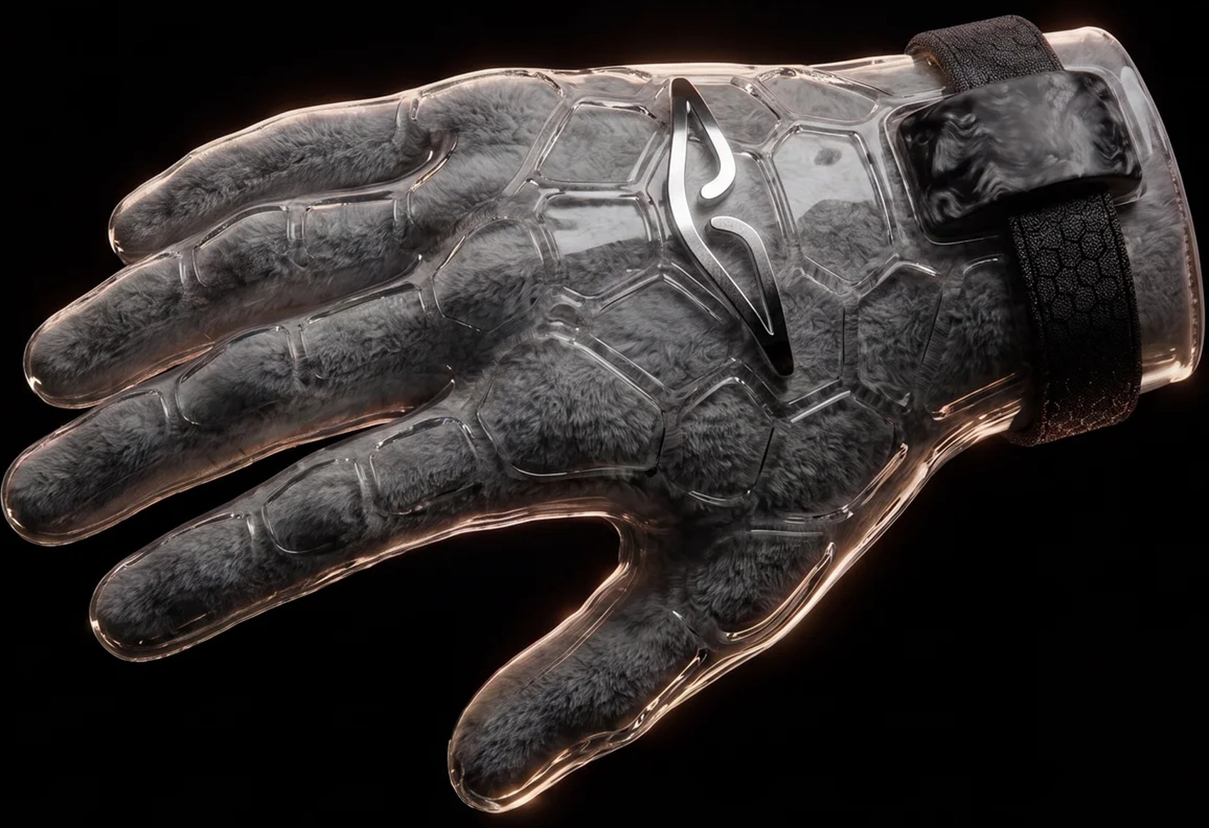 ARMA custom-fit football glove — transparent hex shell over a micro-flocked interior